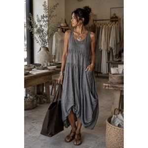Inizio Italy Linen Balloon Hem Dress Small Gray Lagenlook Artsy Pocket Boho M